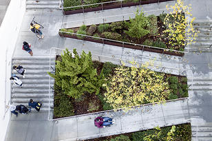An aerial view of the grand staircase and ramp, located between Upper Sproul and Lower Sproul.